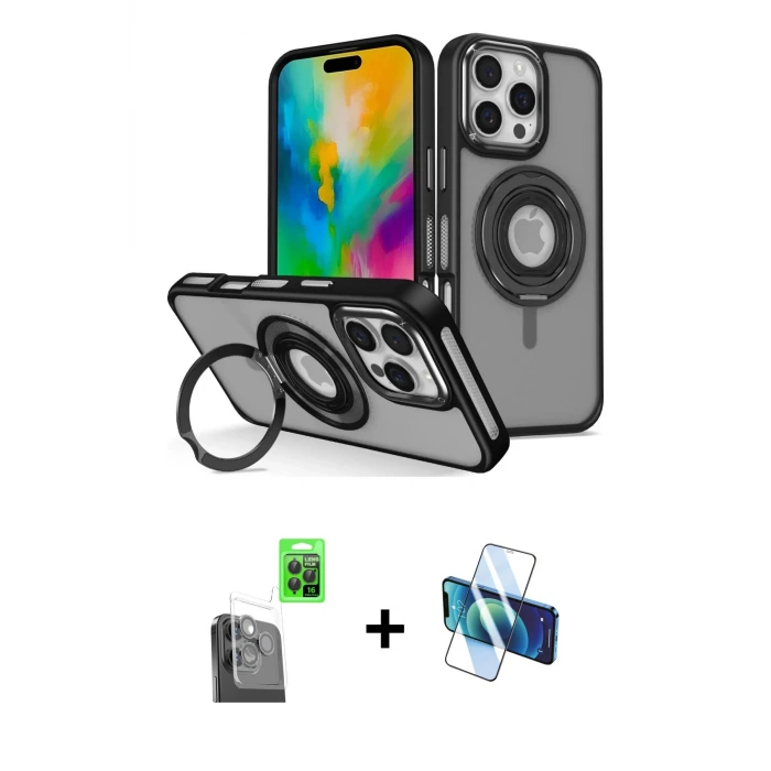 ieg™ iPhone 16 Pro Max Kılıf Nova Minimal Serisi - Siyah 3D Antistatik Seramik Nano Ekran Koruyucu + Raze Metal Kamera Lens - SH