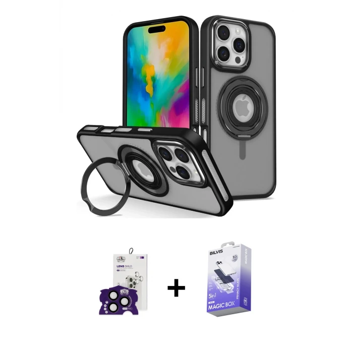 ieg™ iPhone 16 Pro Max Kılıf Nova Minimal Serisi - Siyah Bilvis 5in1 5D Magic Hayalet Cam Ekran Koruyucu + Bilvis Titan Kamera Lens - SH