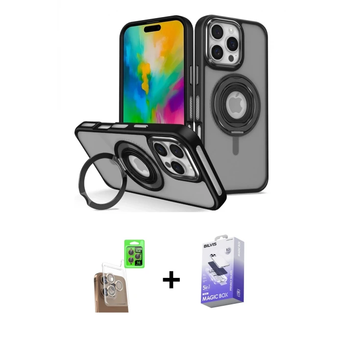 ieg™ iPhone 16 Pro Max Kılıf Nova Minimal Serisi - Siyah Bilvis 5in1 5D Magic Hayalet Cam Ekran Koruyucu + Raze Metal Kamera Lens - CLTM