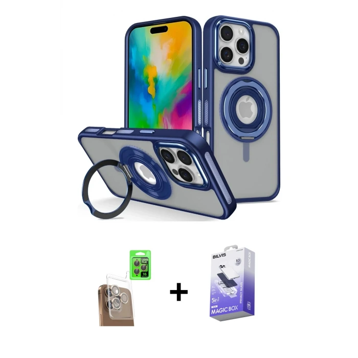 ieg™ iPhone 16 Pro Max Kılıf Nova Minimal Serisi - Siyah Bilvis 5in1 5D Magic Hayalet Cam Ekran Koruyucu + Raze Metal Kamera Lens - CLTM