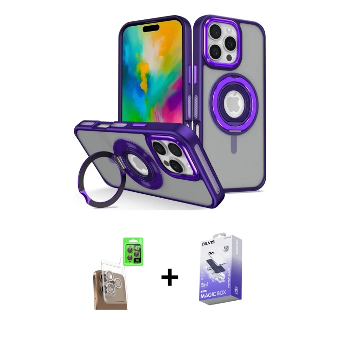 ieg™ iPhone 16 Pro Max Kılıf Nova Minimal Serisi - Siyah Bilvis 5in1 5D Magic Hayalet Cam Ekran Koruyucu + Raze Metal Kamera Lens - CLTM