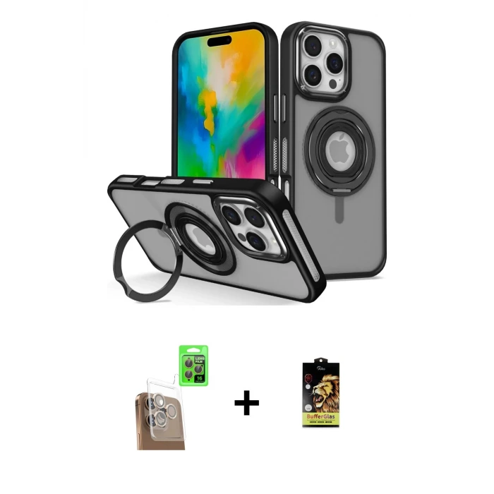 ieg™ iPhone 16 Pro Max Kılıf Nova Minimal Serisi - Siyah Buffer Cam Ekran Koruyucu + Raze Metal Kamera Lens - CLTM