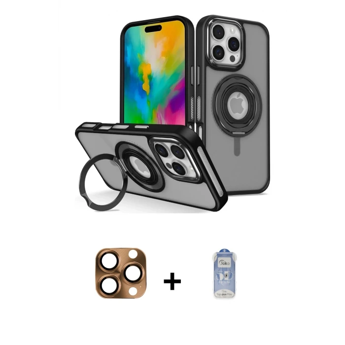 ieg™ iPhone 16 Pro Max Kılıf Nova Minimal Serisi - Siyah Joko Magic 5D Cam + Pers Alüminyum Kamera Lens - CLTM