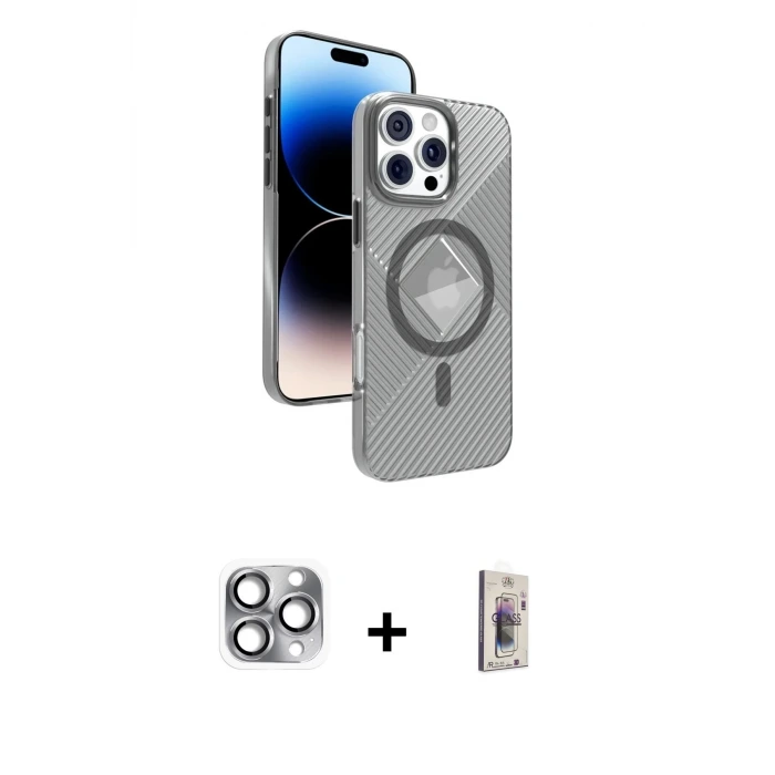 ieg™ iPhone 16 Pro Max Kılıf Nova Modern Prime - Siyah Bilvis 3D Cam Ekran Koruyucu + Pers Alüminyum Kamera Lens - GI