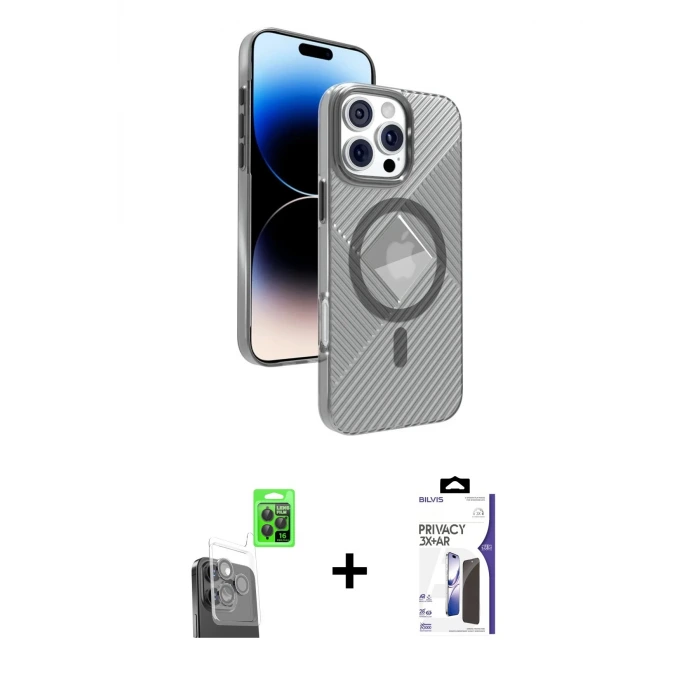 ieg™ iPhone 16 Pro Max Kılıf Nova Modern Prime - Siyah Bilvis 3X AR Hayalet Cam Ekran Koruyucu + Raze Metal Kamera Lens - SH