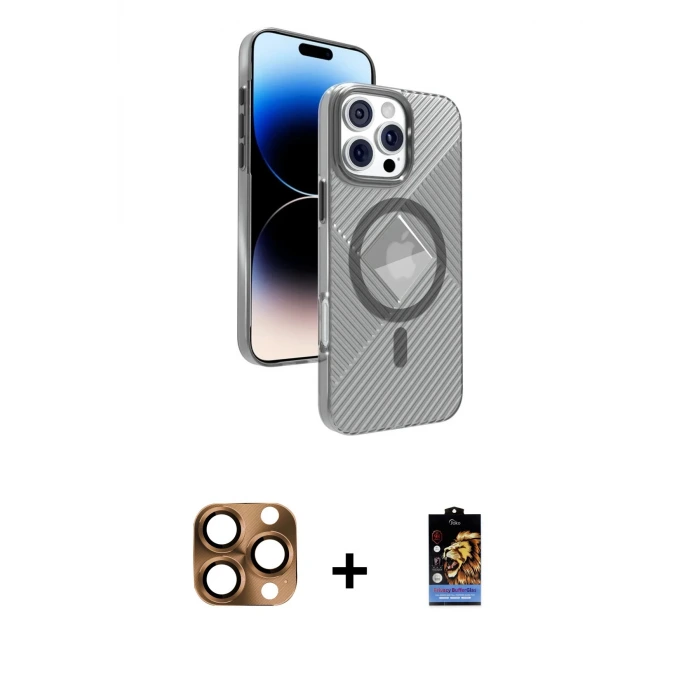 ieg™ iPhone 16 Pro Max Kılıf Nova Modern Prime - Siyah Buffer Hayalet Cam Ekran Koruyucu + Pers Alüminyum Kamera Lens - CLTM