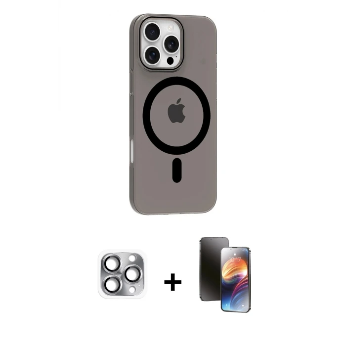 ieg™ iPhone 16 Pro Max Kılıf Pusula Form Özel Seri - Siyah 3D Antistatik Mat Seramik Nano Ekran Koruyucu + Pers Alüminyum Kamera Lens - GI