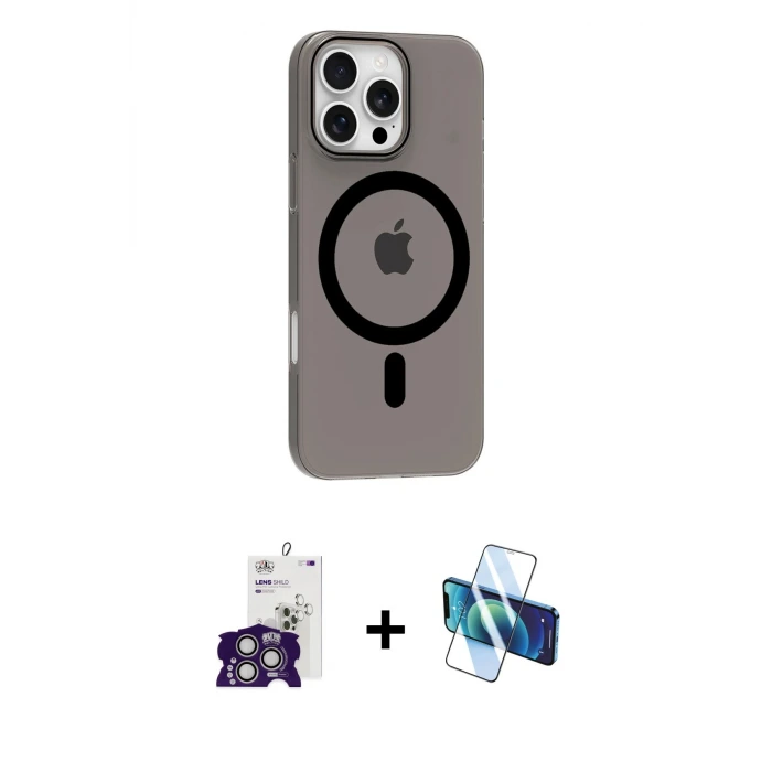 ieg™ iPhone 16 Pro Max Kılıf Pusula Form Özel Seri - Siyah 3D Antistatik Seramik Nano Ekran Koruyucu + Bilvis Titan Kamera Lens - GS