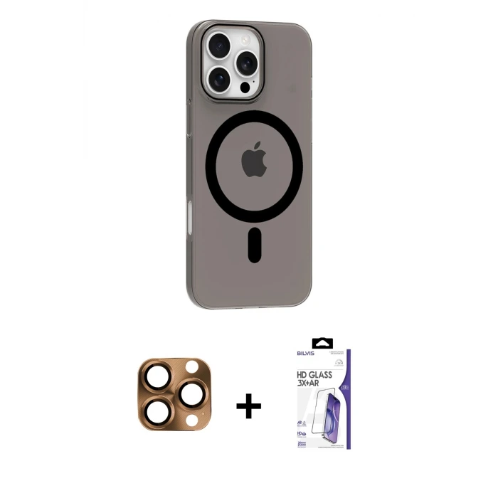 ieg™ iPhone 16 Pro Max Kılıf Pusula Form Özel Seri - Siyah Bilvis 3X AR HD Cam Ekran Koruyucu + Pers Alüminyum Kamera Lens - CLTM