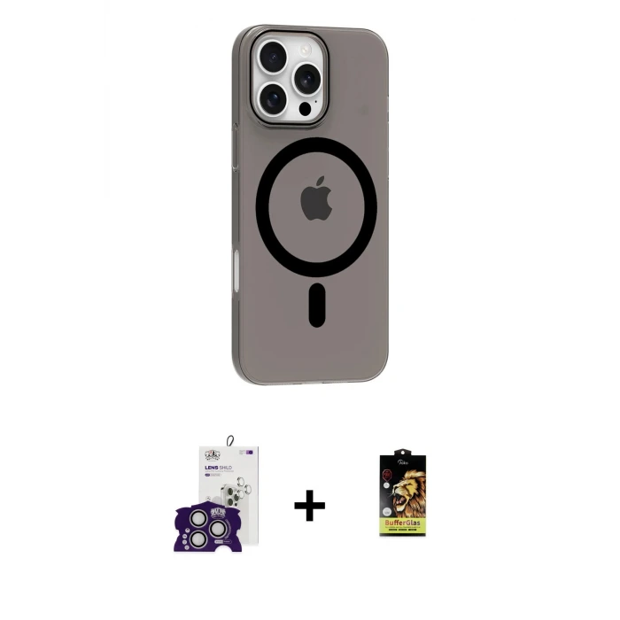 ieg™ iPhone 16 Pro Max Kılıf Pusula Form Özel Seri - Siyah Buffer Cam Ekran Koruyucu + Bilvis Titan Kamera Lens - GS