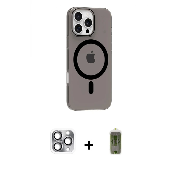 ieg™ iPhone 16 Pro Max Kılıf Pusula Form Özel Seri - Siyah Joko Magic 5D Hayalet Cam + Pers Alüminyum Kamera Lens - GI