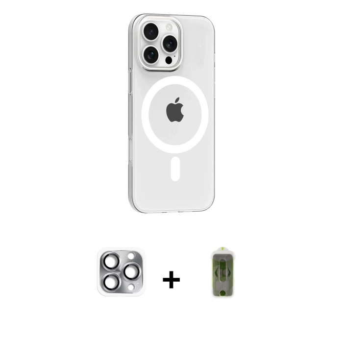 ieg™ iPhone 16 Pro Max Kılıf Pusula Form Özel Seri - Siyah Joko Magic 5D Hayalet Cam + Pers Alüminyum Kamera Lens - GI