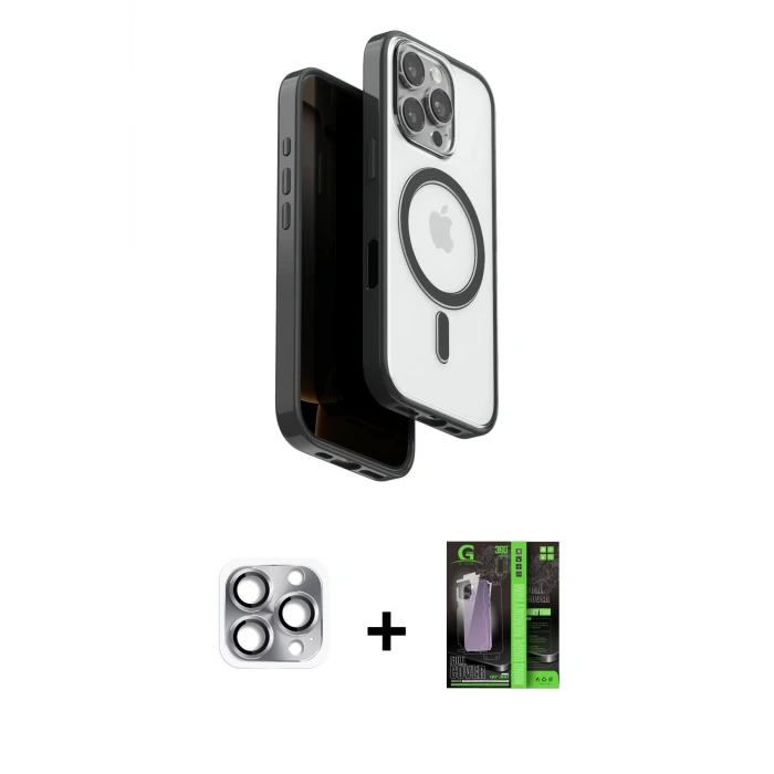 ieg™ iPhone 16 Pro Max Kılıf Pusula Form Serisi - Şeffaf 360 Full Body Arka Koruyucu + Pers Alüminyum Kamera Lens - GI