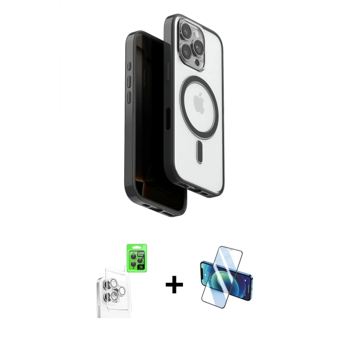 ieg™ iPhone 16 Pro Max Kılıf Pusula Form Serisi - Siyah 3D Antistatik Seramik Nano Ekran Koruyucu + Raze Metal Kamera Lens - BZ