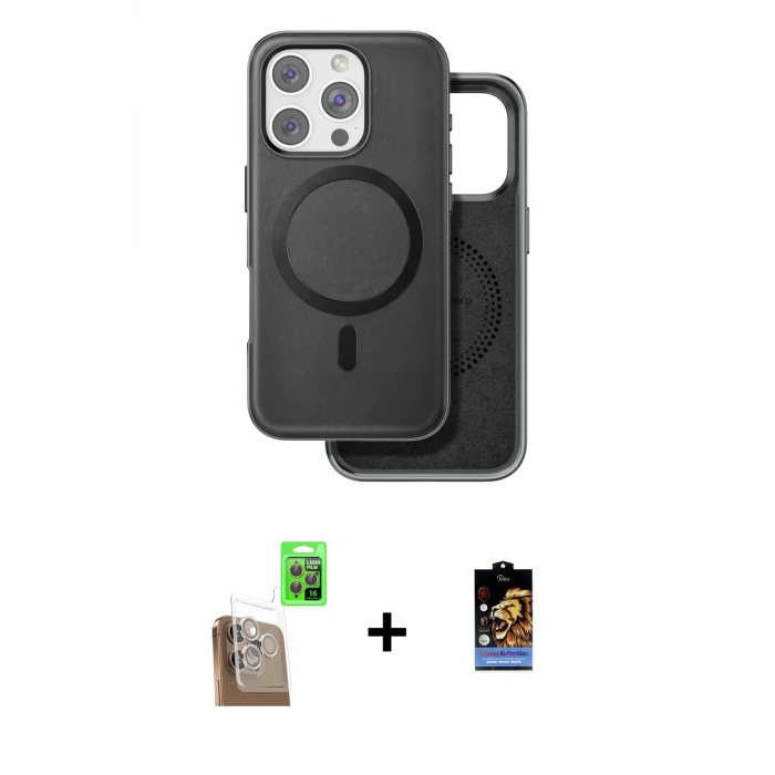 ieg™ iPhone 16 Pro Max Kılıf Pusula Işık Koleksiyonu - Siyah Buffer Hayalet Cam Ekran Koruyucu + Raze Metal Kamera Lens - CLTM