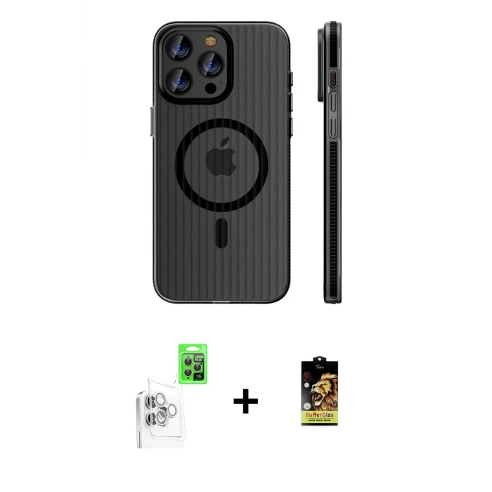 ieg™ iPhone 16 Pro Max Kılıf Pusula Minimal Koleksiyonu - Siyah Buffer Cam Ekran Koruyucu + Raze Metal Kamera Lens - BZ