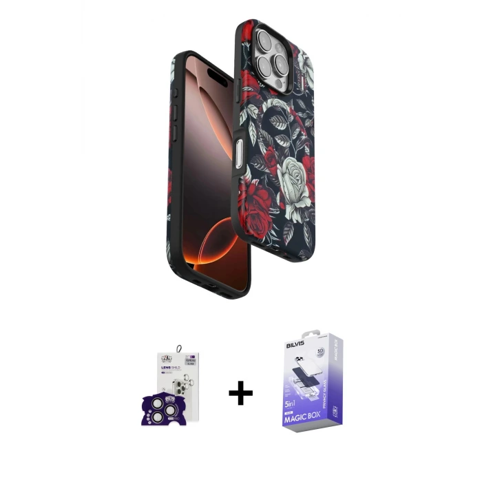 ieg™ iPhone 16 Pro Max Kılıf Siluet Doku - Siyah Bilvis 5in1 5D Magic Hayalet Cam Ekran Koruyucu + Bilvis Titan Kamera Lens - TMGI