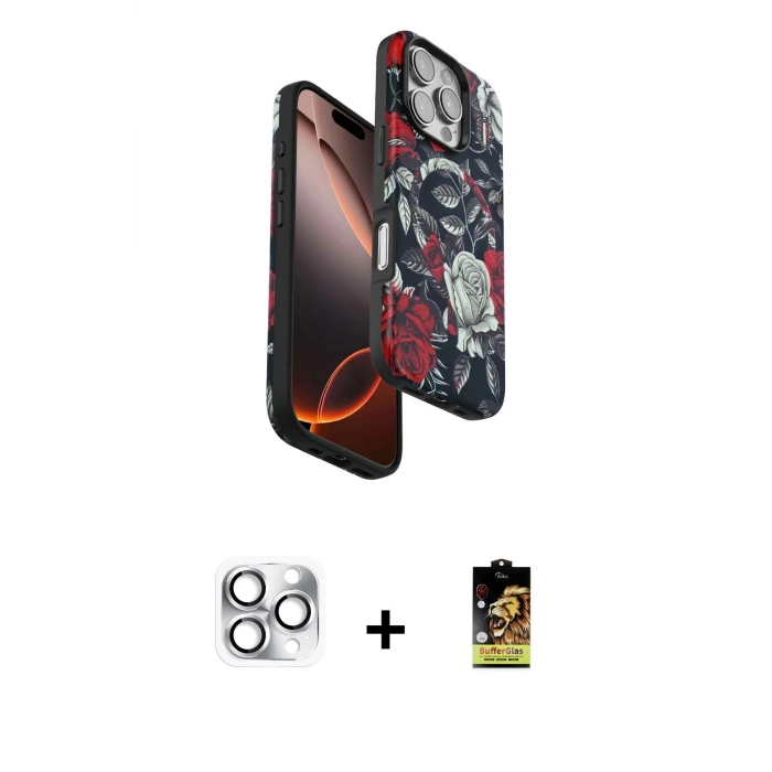ieg™ iPhone 16 Pro Max Kılıf Siluet Doku - Siyah Buffer Cam Ekran Koruyucu + Pers Alüminyum Kamera Lens - GS