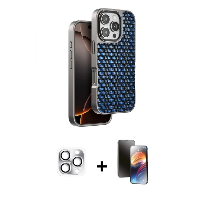 ieg™ iPhone 16 Pro Max Kılıf Siluet Form Serisi - Siyah 3D Antistatik Mat Seramik Nano Ekran Koruyucu + Pers Alüminyum Kamera Lens - GS