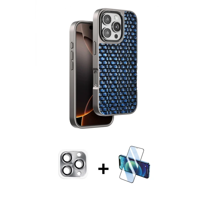 ieg™ iPhone 16 Pro Max Kılıf Siluet Form Serisi - Siyah 3D Antistatik Seramik Nano Ekran Koruyucu + Pers Alüminyum Kamera Lens - GI