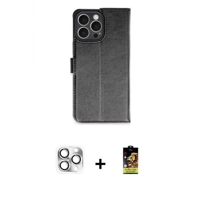ieg™ iPhone 16 Pro Max Kılıf Siluet Işık Serisi - Siyah Buffer Cam Ekran Koruyucu + Pers Alüminyum Kamera Lens - GS
