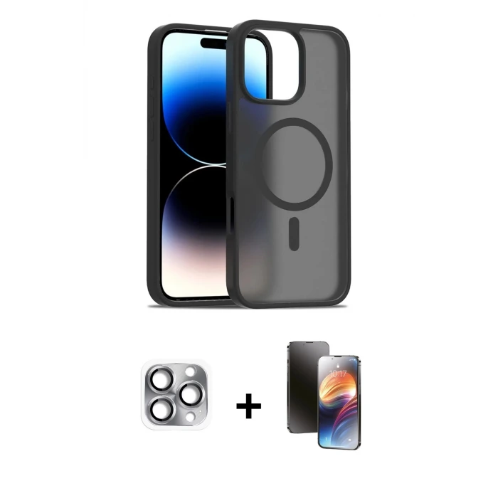 ieg™ iPhone 16 Pro Max Kılıf Siluet Minimal Prime - Siyah 3D Antistatik Mat Seramik Nano Ekran Koruyucu + Pers Alüminyum Kamera Lens - GI