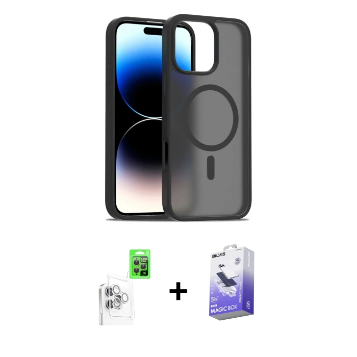 ieg™ iPhone 16 Pro Max Kılıf Siluet Minimal Prime - Siyah Bilvis 5in1 5D Magic Hayalet Cam Ekran Koruyucu + Raze Metal Kamera Lens - BZ