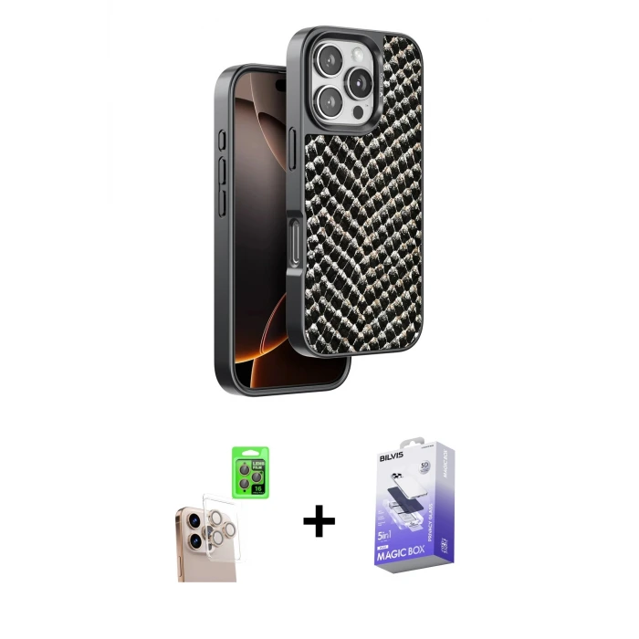 ieg™ iPhone 16 Pro Max Kılıf Vadi Özel Seri - Siyah Bilvis 5in1 5D Magic Hayalet Cam Ekran Koruyucu + Raze Metal Kamera Lens - NLGY