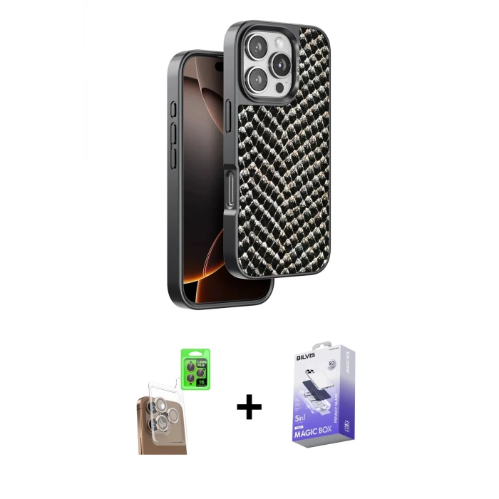 ieg™ iPhone 16 Pro Max Kılıf Vadi Özel Seri - Siyah Bilvis 5in1 5D Magic Hayalet Cam Ekran Koruyucu + Raze Metal Kamera Lens - CLTM
