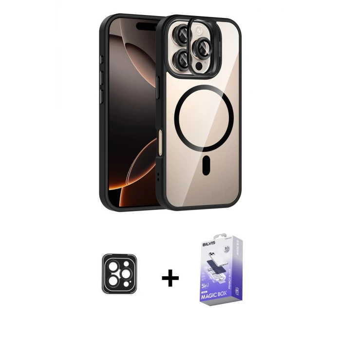 ieg™ iPhone 16 Pro Max Kılıf Yadigar Asil Koleksiyonu - Siyah Bilvis 5in1 5D Magic Hayalet Cam Ekran Koruyucu + PVD Metal Kamera Lens - SH