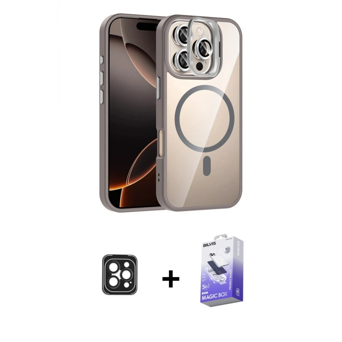 ieg™ iPhone 16 Pro Max Kılıf Yadigar Asil Koleksiyonu - Siyah Bilvis 5in1 5D Magic Hayalet Cam Ekran Koruyucu + PVD Metal Kamera Lens - SH
