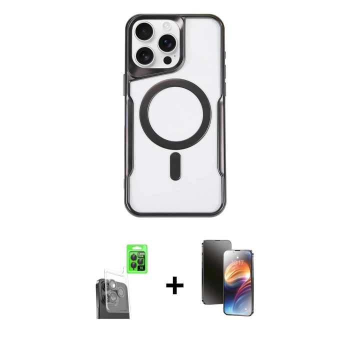 ieg™ iPhone 16 Pro Max Kılıf Yadigar Klasik Özel Seri - Siyah 3D Antistatik Mat Seramik Nano Ekran Koruyucu + Raze Metal Kamera Lens - SH