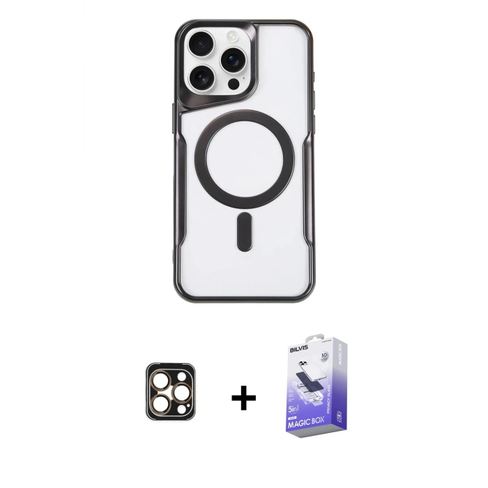 ieg™ iPhone 16 Pro Max Kılıf Yadigar Klasik Özel Seri - Siyah Bilvis 5in1 5D Magic Hayalet Cam Ekran Koruyucu + PVD Metal Kamera Lens - GD