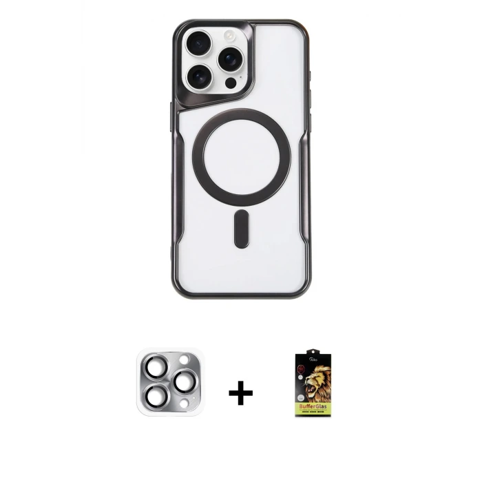 ieg™ iPhone 16 Pro Max Kılıf Yadigar Klasik Özel Seri - Siyah Buffer Cam Ekran Koruyucu + Pers Alüminyum Kamera Lens - GI