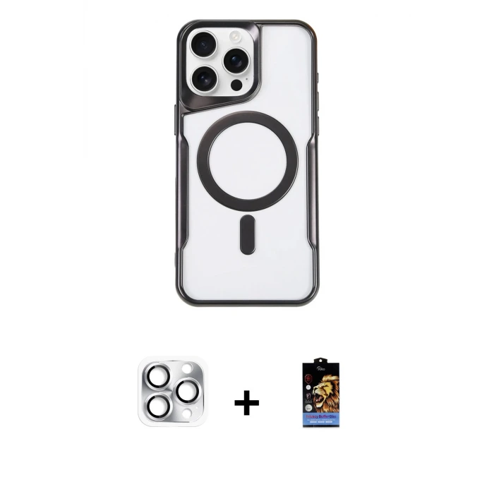 ieg™ iPhone 16 Pro Max Kılıf Yadigar Klasik Özel Seri - Siyah Buffer Hayalet Cam Ekran Koruyucu + Pers Alüminyum Kamera Lens - GS