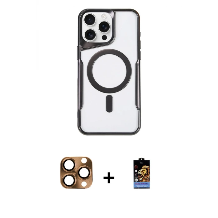 ieg™ iPhone 16 Pro Max Kılıf Yadigar Klasik Özel Seri - Siyah Buffer Hayalet Cam Ekran Koruyucu + Pers Alüminyum Kamera Lens - CLTM