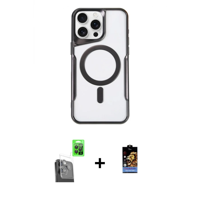 ieg™ iPhone 16 Pro Max Kılıf Yadigar Klasik Özel Seri - Siyah Buffer Hayalet Cam Ekran Koruyucu + Raze Metal Kamera Lens - SH