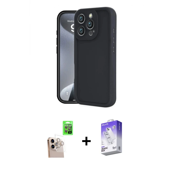 ieg™ iPhone 16 Pro Max Kılıf Yankı Yansıma Özel Seri - Siyah Bilvis 5in1 3D Magic Cam Ekran Koruyucu + Raze Metal Kamera Lens - NLGY