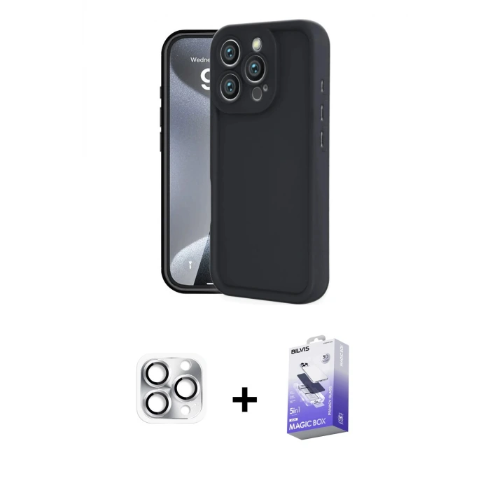ieg™ iPhone 16 Pro Max Kılıf Yankı Yansıma Özel Seri - Siyah Bilvis 5in1 5D Magic Hayalet Cam Ekran Koruyucu + Pers Alüminyum Kamera Lens - GS