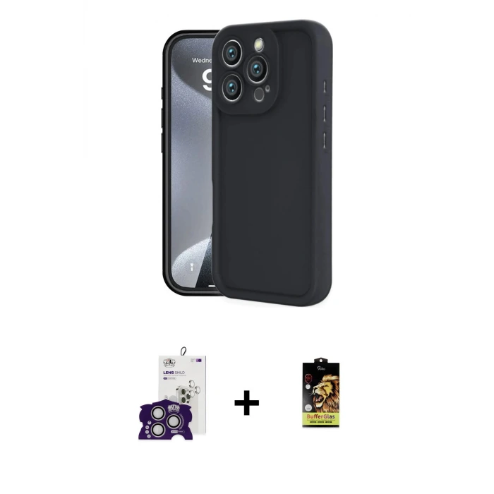 ieg™ iPhone 16 Pro Max Kılıf Yankı Yansıma Özel Seri - Siyah Buffer Cam Ekran Koruyucu + Bilvis Titan Kamera Lens - GS