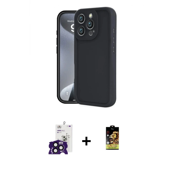 ieg™ iPhone 16 Pro Max Kılıf Yankı Yansıma Özel Seri - Siyah Buffer Cam Ekran Koruyucu + Bilvis Titan Kamera Lens - SH
