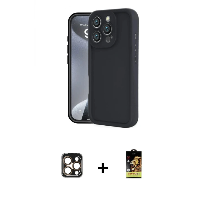 ieg™ iPhone 16 Pro Max Kılıf Yankı Yansıma Özel Seri - Siyah Buffer Cam Ekran Koruyucu + PVD Metal Kamera Lens - GD