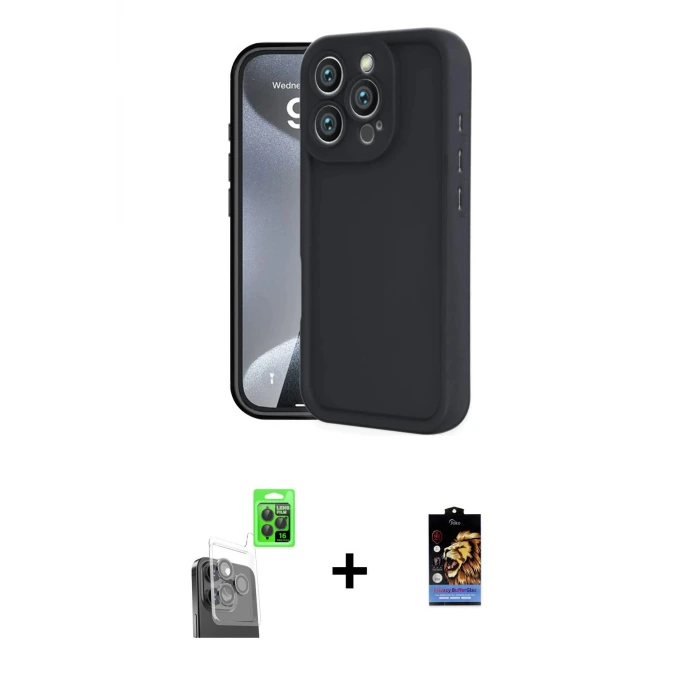 ieg™ iPhone 16 Pro Max Kılıf Yankı Yansıma Özel Seri - Siyah Buffer Hayalet Cam Ekran Koruyucu + Raze Metal Kamera Lens - SH