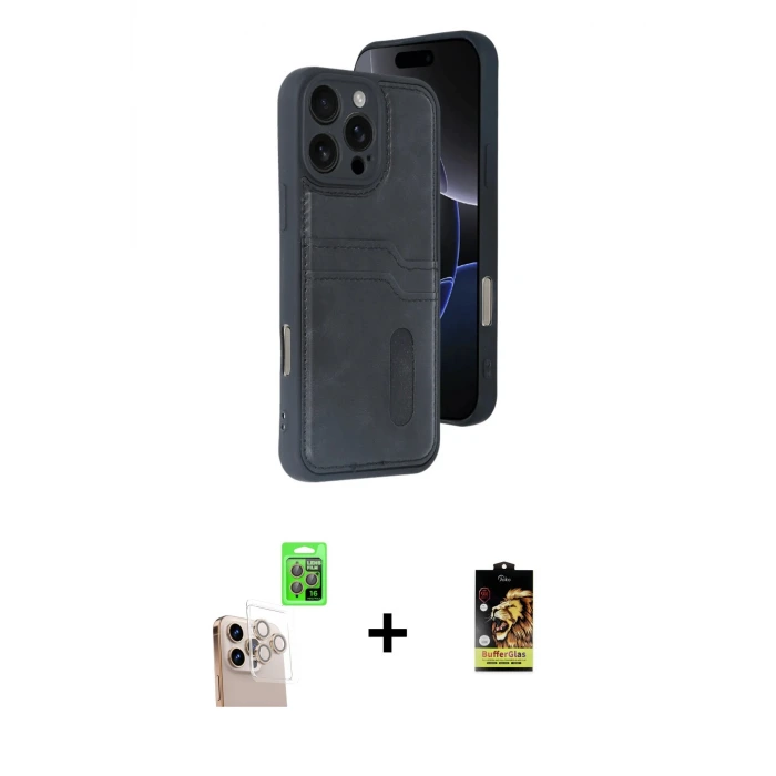 ieg™ iPhone 16 Pro Max Kılıf Yörünge Işık Serisi - Siyah Buffer Cam Ekran Koruyucu + Raze Metal Kamera Lens - NLGY
