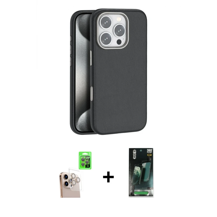 ieg™ iPhone 16 Pro Max Kılıf Zirve Modern Prime - Siyah 360 Mat Full Body Arka Koruyucu + Raze Metal Kamera Lens - NLGY