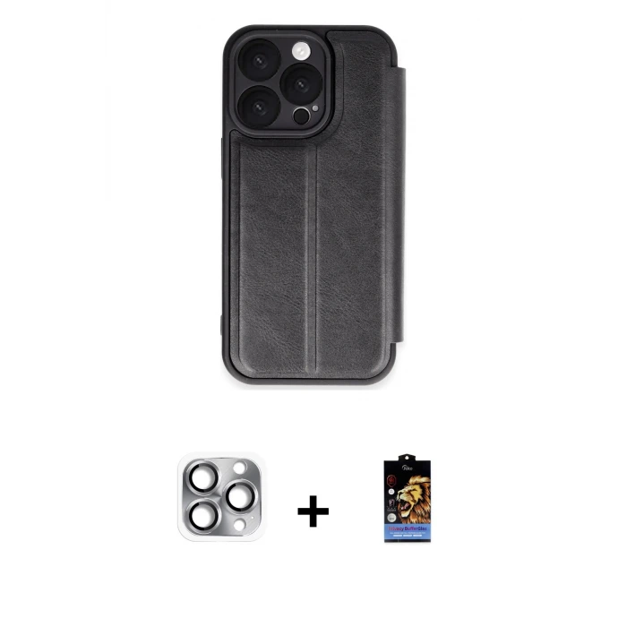 ieg™ iPhone 16 Pro Max Kılıf Zirve Yansıma Serisi - Siyah Buffer Hayalet Cam Ekran Koruyucu + Pers Alüminyum Kamera Lens - GI