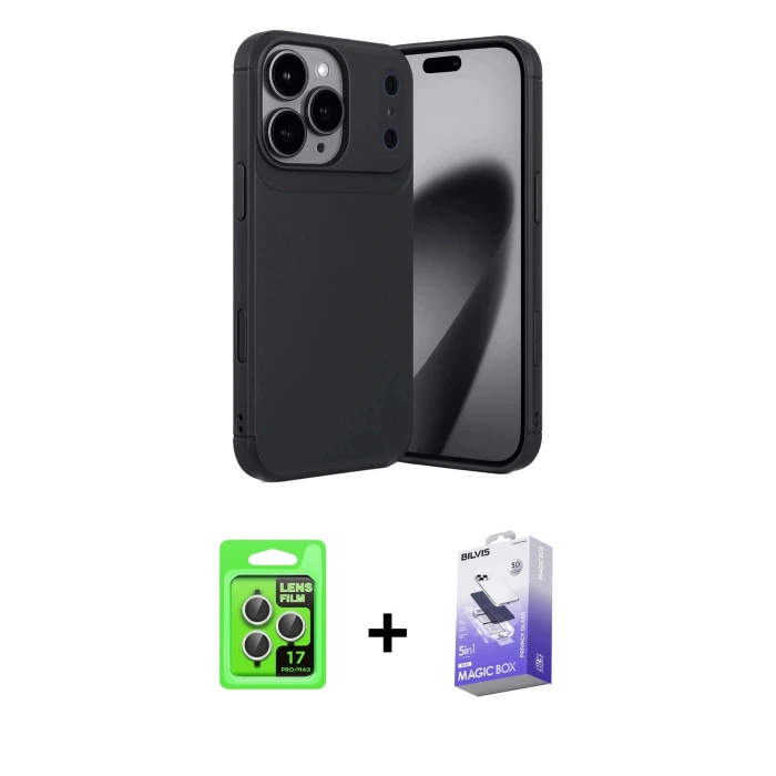 ieg™ iPhone 17 Pro Kılıf Eksen Form Prime - Siyah Bilvis 5in1 5D Magic Hayalet Cam Ekran Koruyucu + Raze Metal Kamera Lens - GS