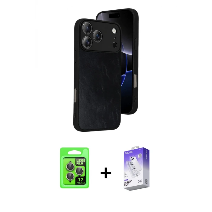 ieg™ iPhone 17 Pro Kılıf Kıvılcım Işık Serisi - Siyah Bilvis 5in1 3D Magic Cam Ekran Koruyucu + Raze Metal Kamera Lens - GI