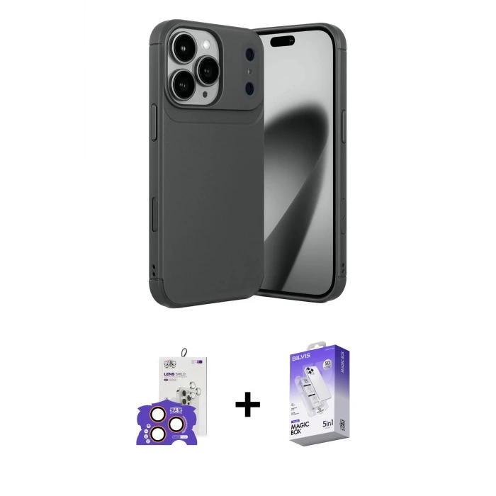 ieg™ iPhone 17 Pro Max Kılıf Eksen Form Prime - Siyah Bilvis 5in1 3D Magic Cam Ekran Koruyucu + Bilvis Titan Kamera Lens - TU