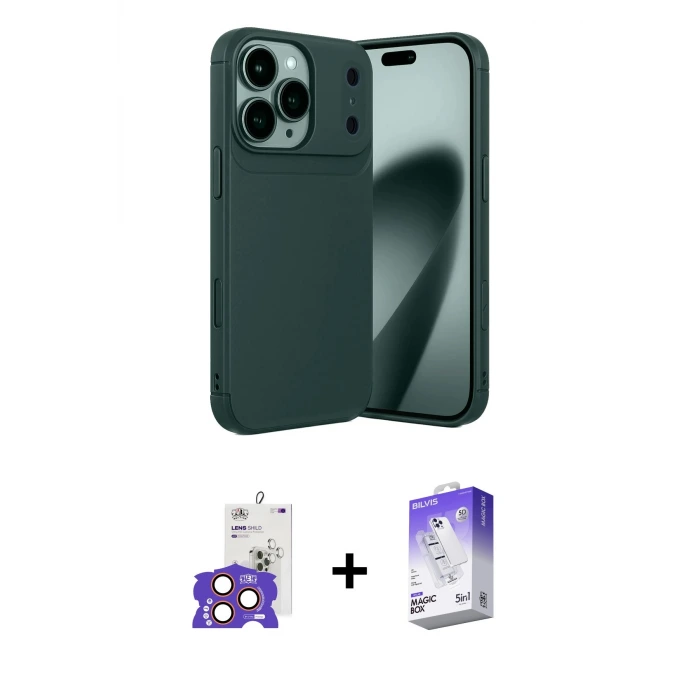 ieg™ iPhone 17 Pro Max Kılıf Eksen Form Prime - Siyah Bilvis 5in1 3D Magic Cam Ekran Koruyucu + Bilvis Titan Kamera Lens - TU